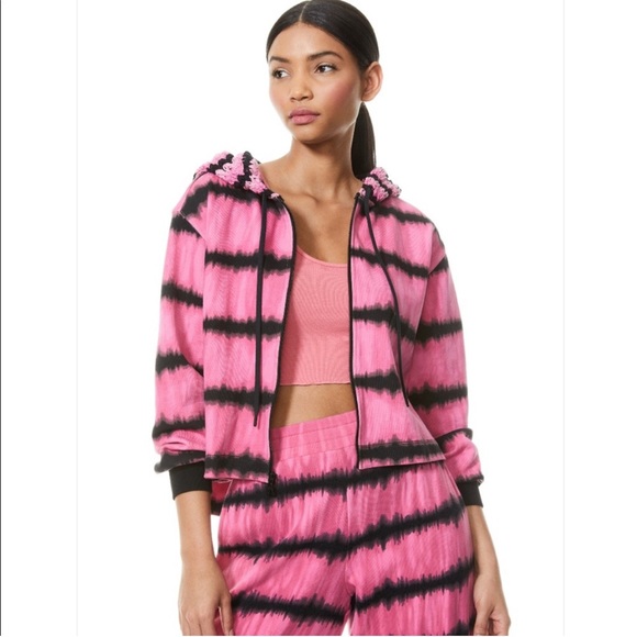 Alice + Olivia by Stacey Bendet Pink Black Tye Dye Cropped Crochet Hoodie NWT L - Picture 2 of 7